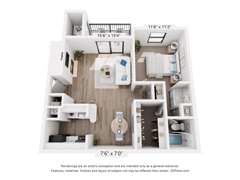 Floor plan for 1 bed, 1 bath, 648 sqft